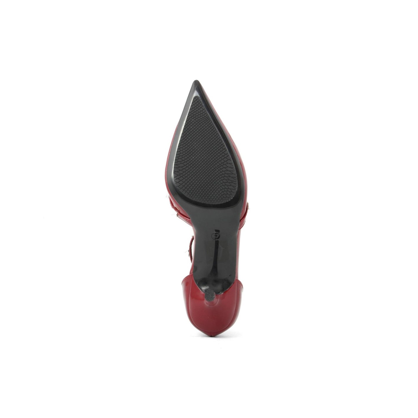 Fashion pumps for women with a sleek pointed toe and textured sole viewed from the bottom.