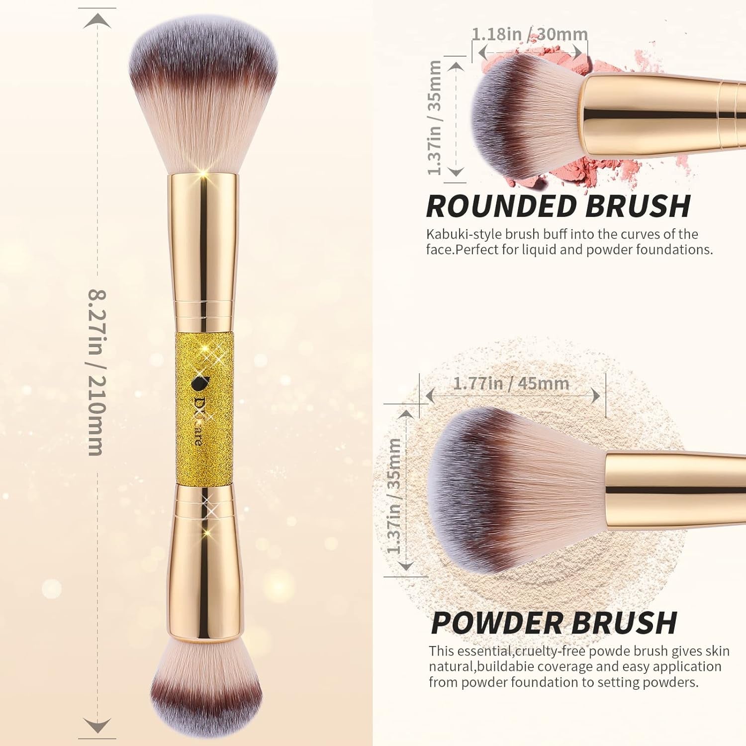 Dual-Ended Cream + Powder Brush,2-In-1 Foundation Makeup Brush for Creating a Gorgeous, Airbrushed-Looking Complexion, Vegan & Cruelty-Free