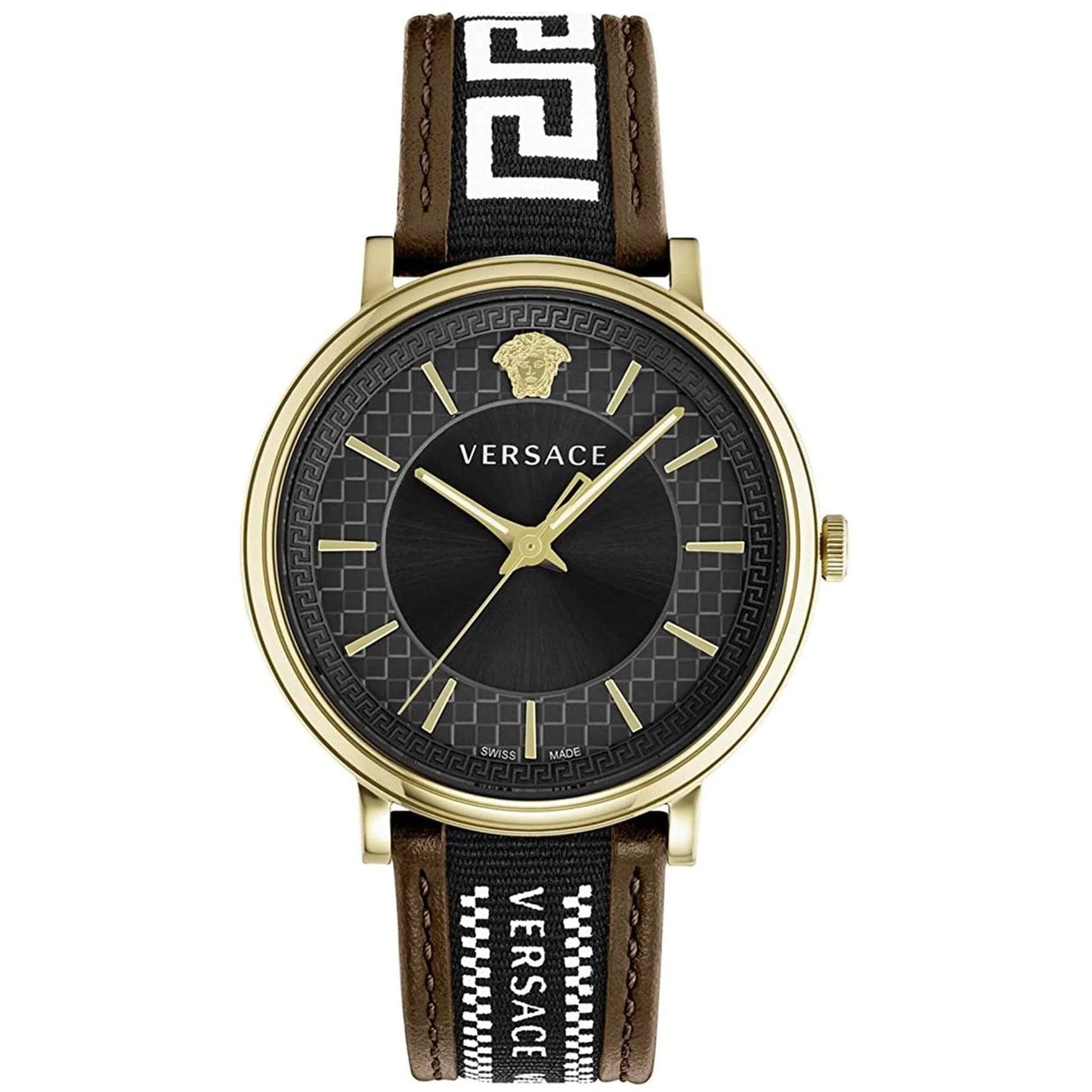 Versace men's watches featuring a black dial and brown leather strap with logo details.