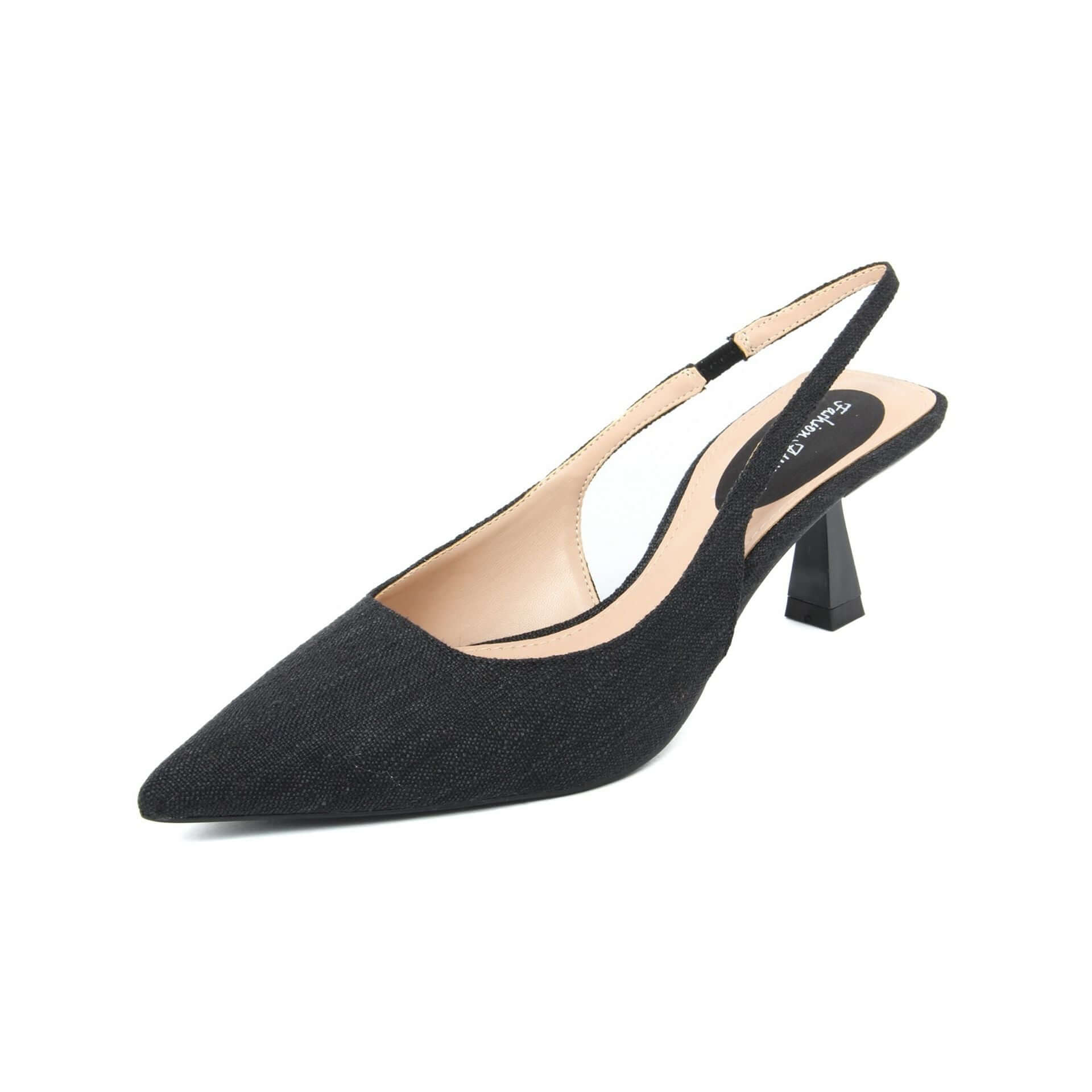 Fashion Attitude Sandals in black synthetic material with a pointed toe and rubber sole, perfect for Spring/Summer.