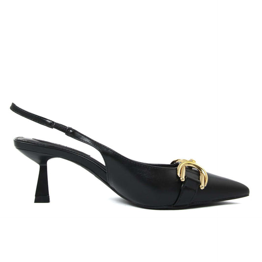 Fashion Attitude Sandals - Stylish black slingback sandals with a pointed toe and gold buckle detail.