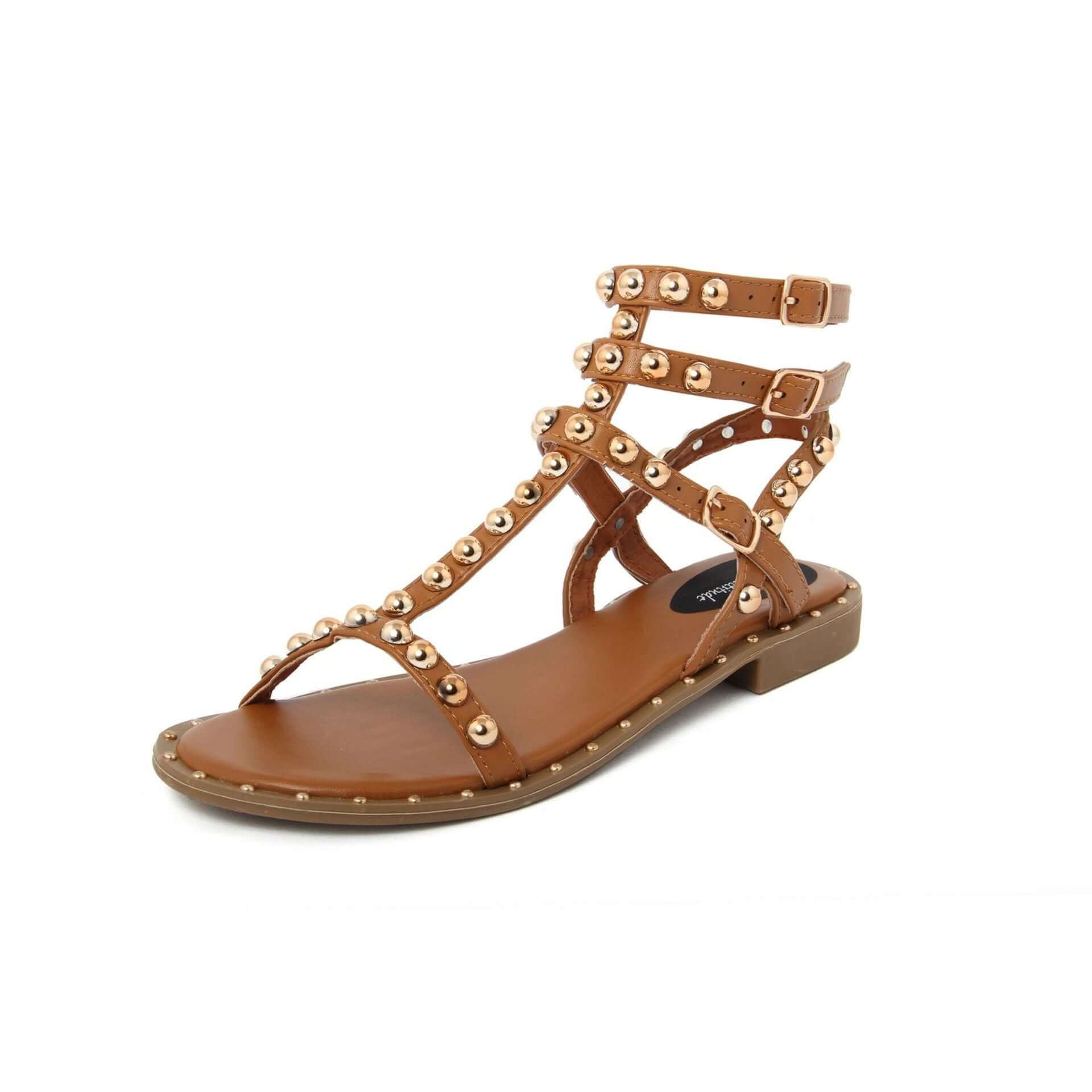 Fashion Attitude Sandals featuring studs and ankle strap in brown synthetic material.