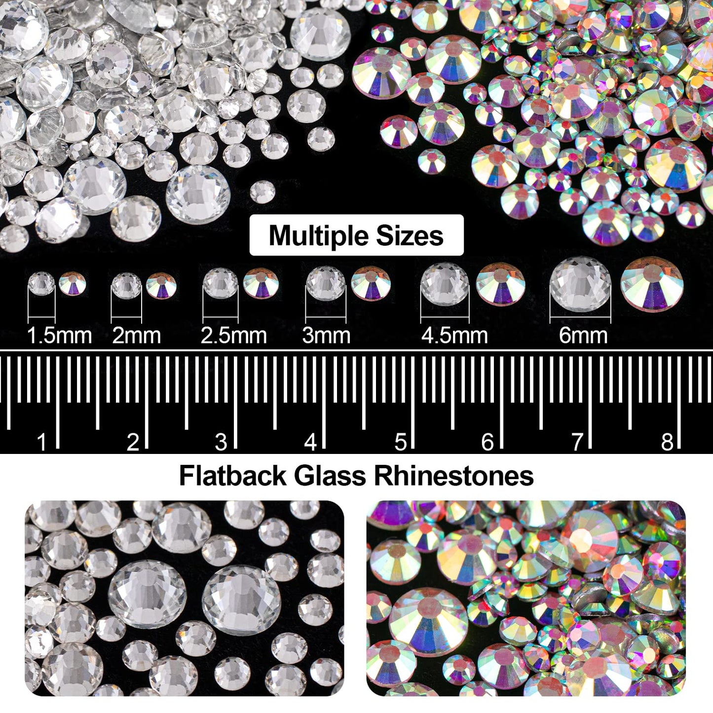 Flat Back Rhinestone Kits Colorful Rhinestones+Crystal Ab&Transparent White Face Gems Nail Gem with Quick Dry Makeup Glue+Picker Pencil+Tweezer for Bedazzling Face Makeup and Nail Art
